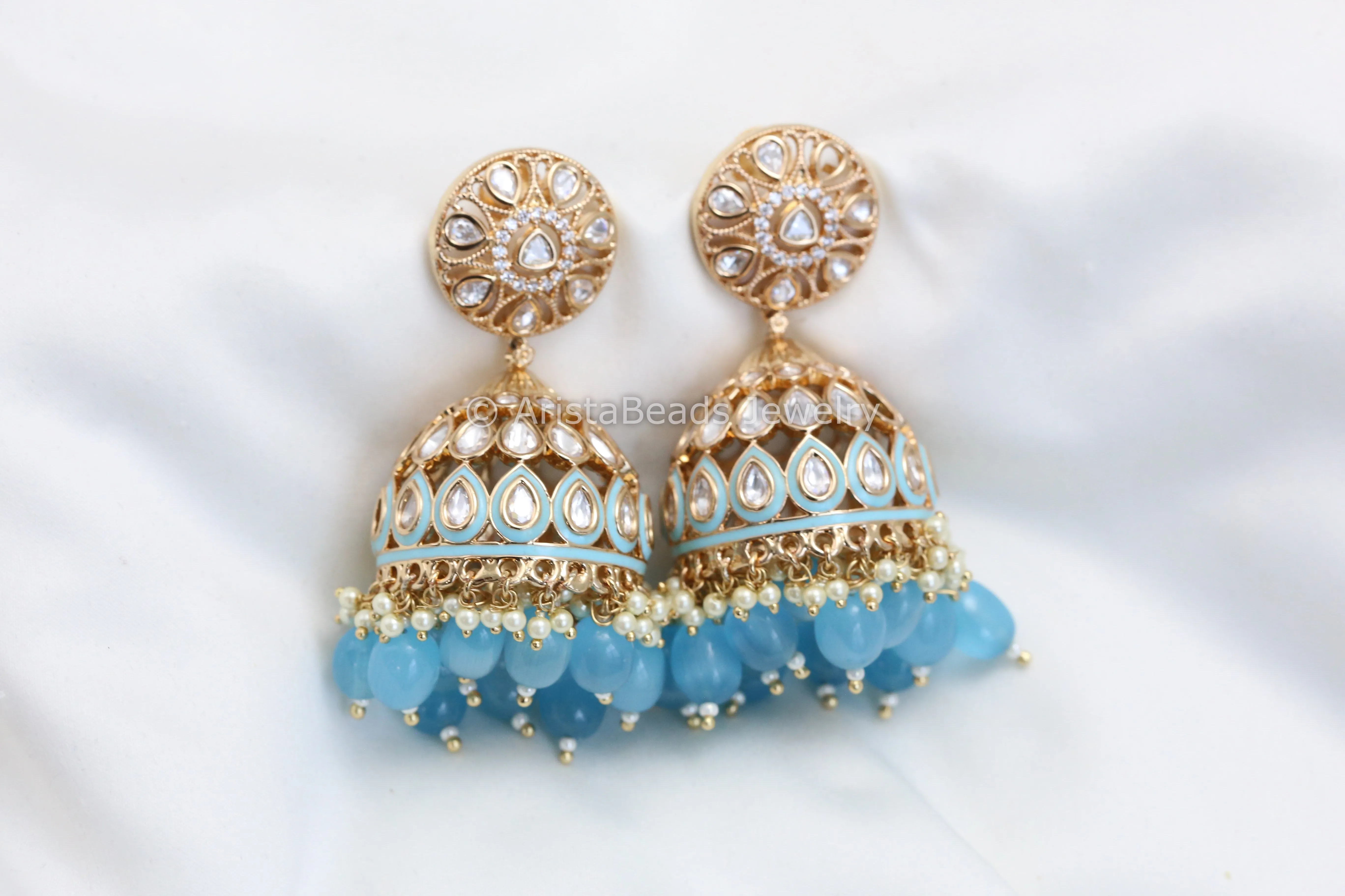 Enamel & Moissanite Look Polki Jhumka - Blue