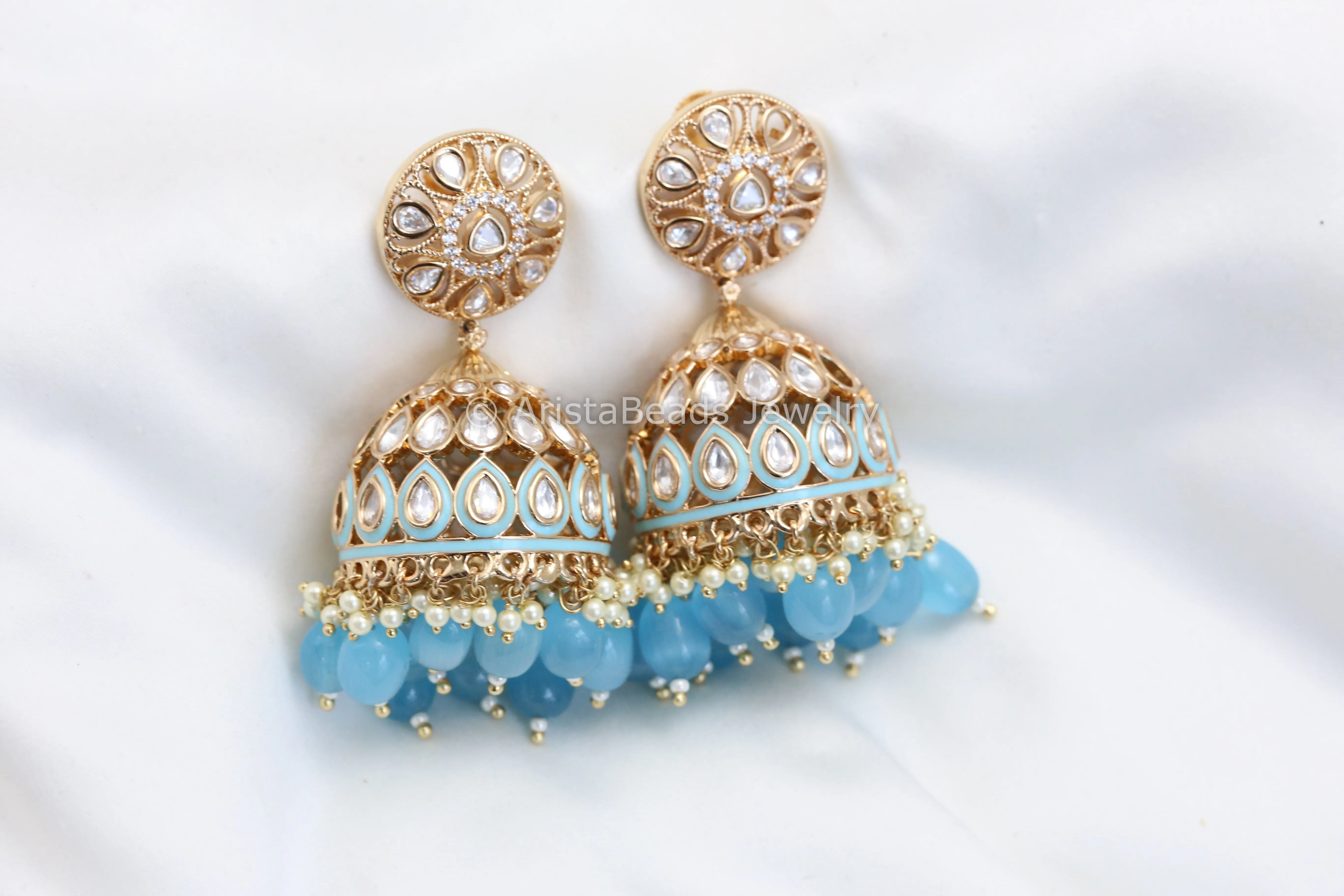 Enamel & Moissanite Look Polki Jhumka - Blue