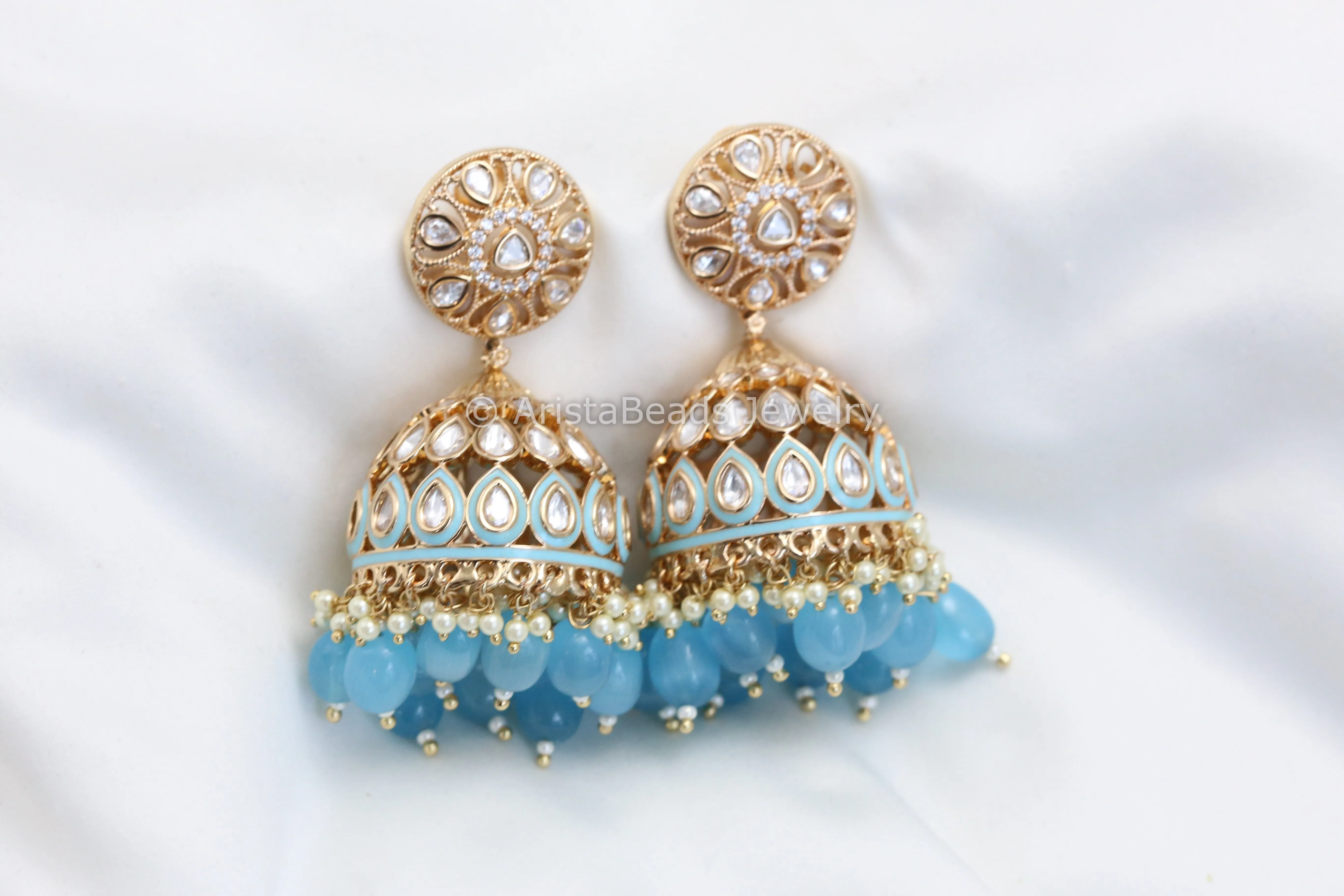 Enamel & Moissanite Look Polki Jhumka - Blue