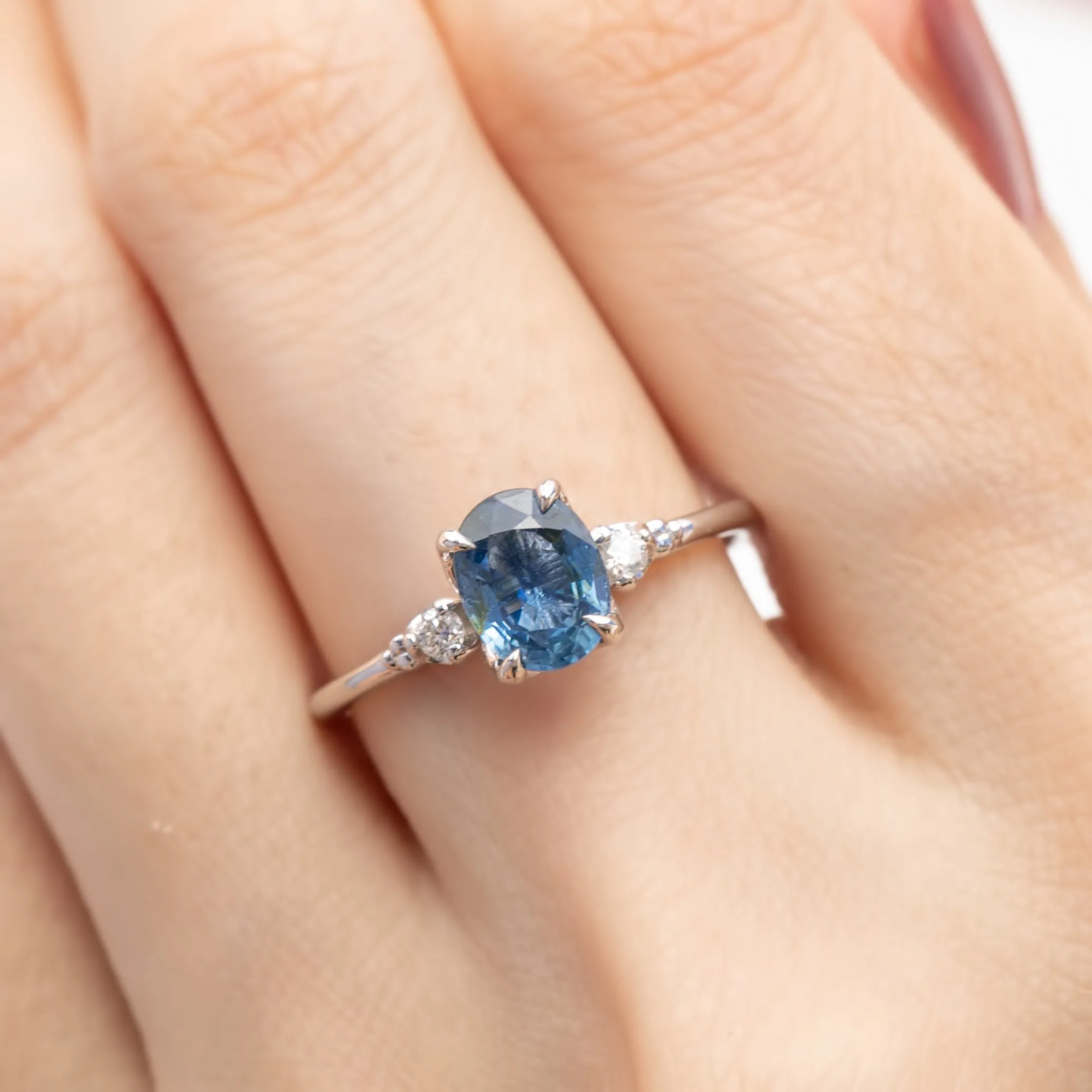 Estel Ring 1.42ct Oval Blue Sapphire, 14K White Gold (One of a kind)