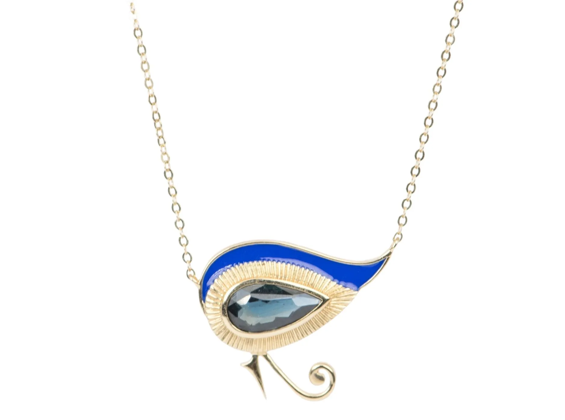 Eye of Horus 1.82ct Nigerian Sapphire with Blue Enamel 9K Gold Necklace R4262