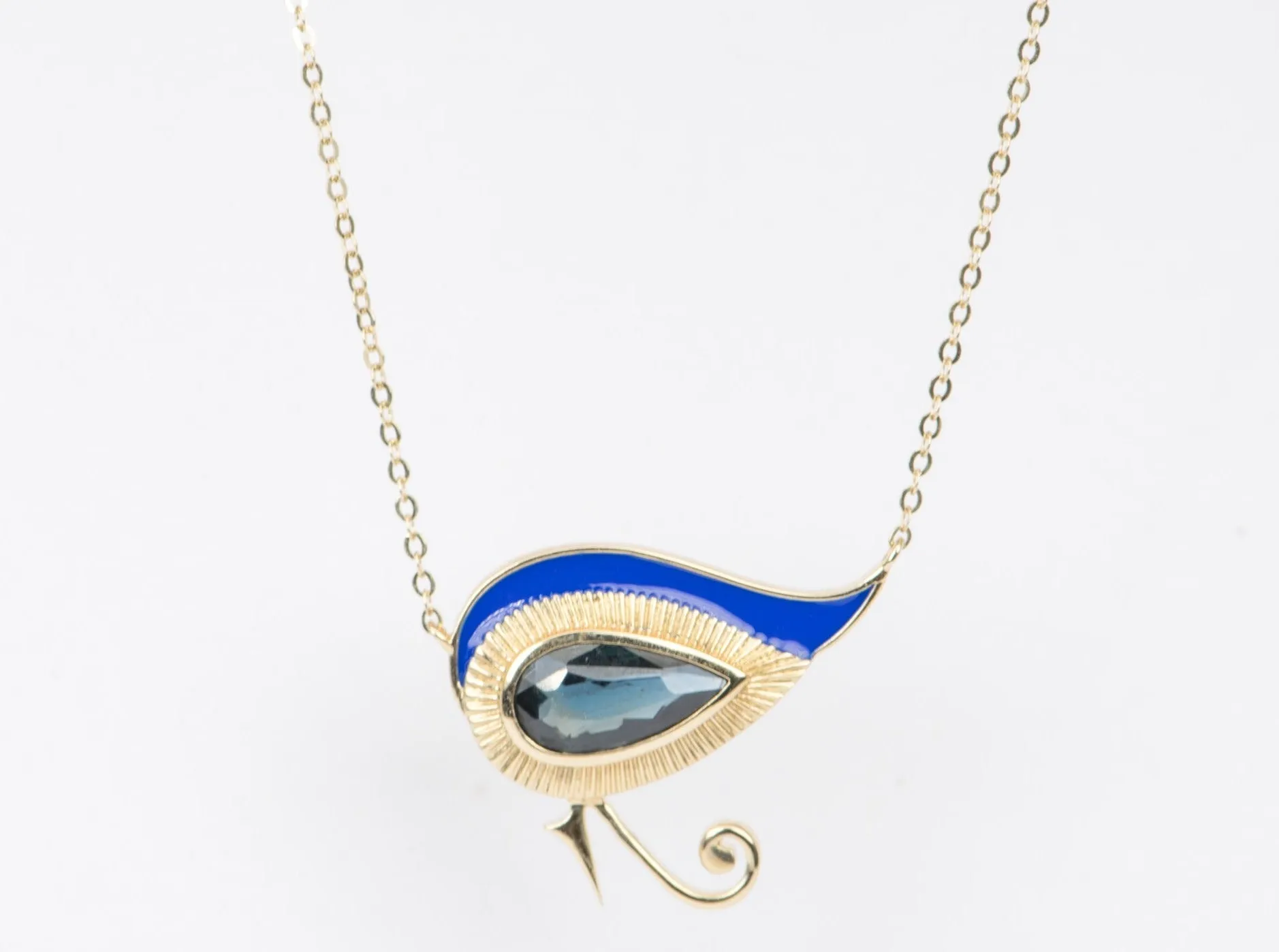 Eye of Horus 1.82ct Nigerian Sapphire with Blue Enamel 9K Gold Necklace R4262