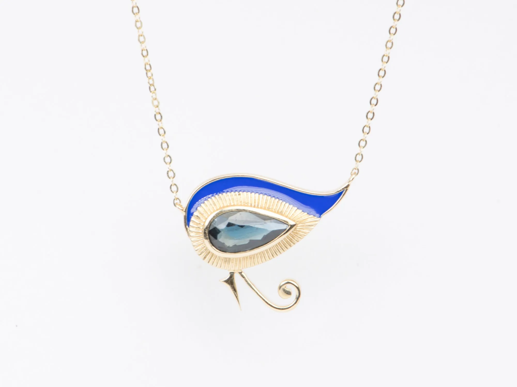 Eye of Horus 1.82ct Nigerian Sapphire with Blue Enamel 9K Gold Necklace R4262