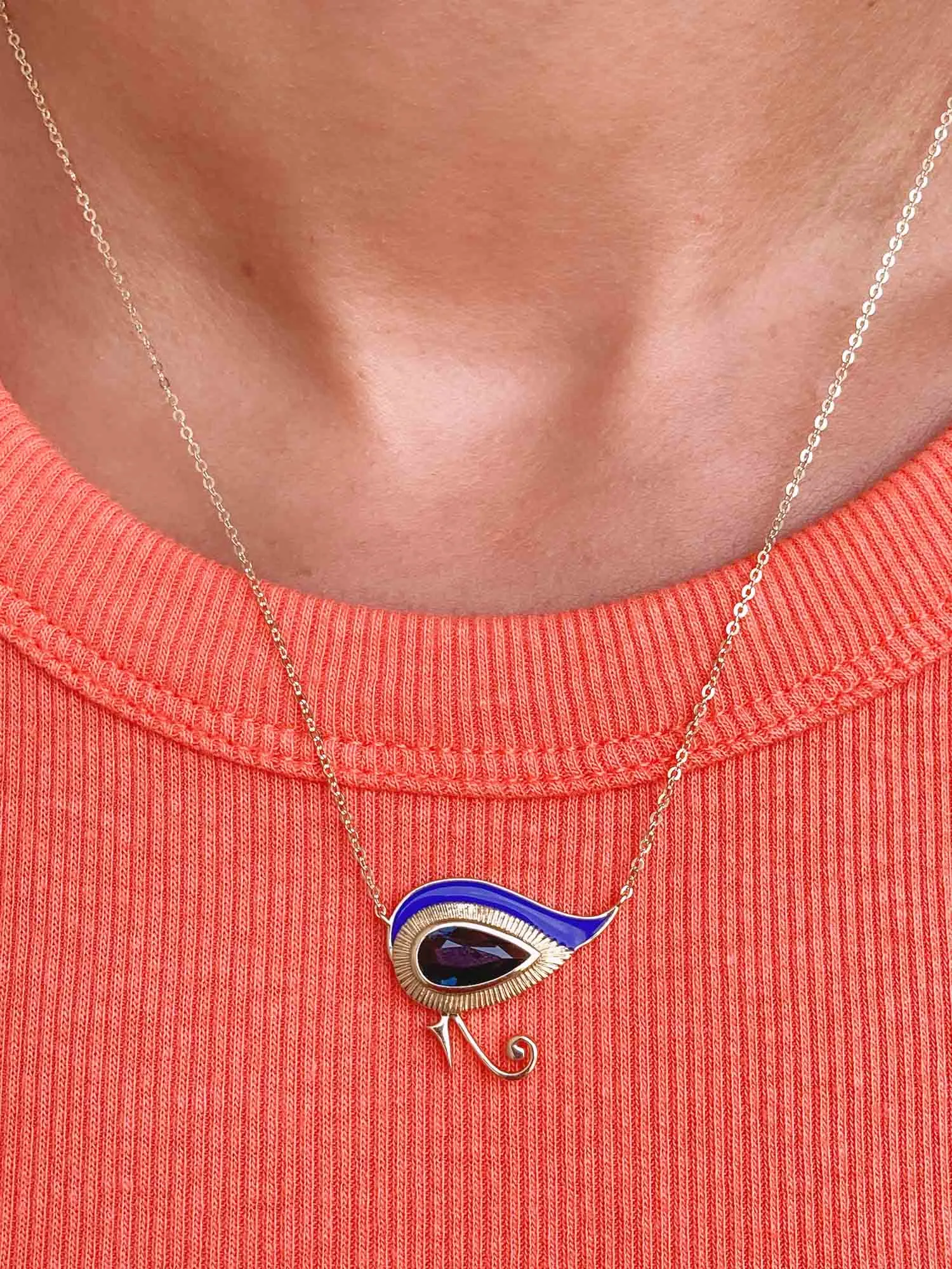 Eye of Horus 1.82ct Nigerian Sapphire with Blue Enamel 9K Gold Necklace R4262