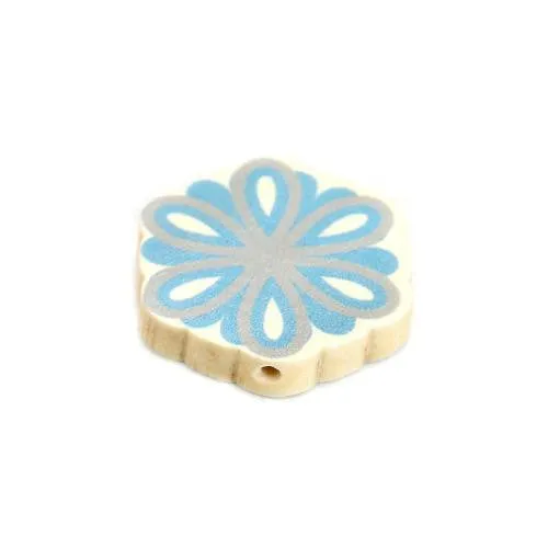 Flower Wood Beads, Printed, Blue, Grey, 28mm