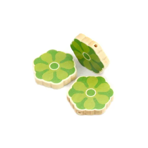 Flower Wood Beads, Printed, Green, 28mm