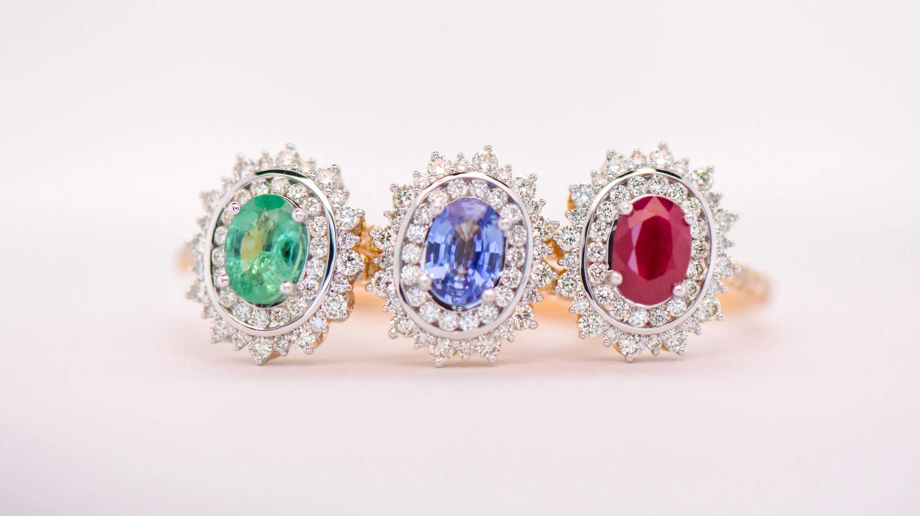 Gemstone Centre and Double Diamond Halo Ring with Shoulder Stones