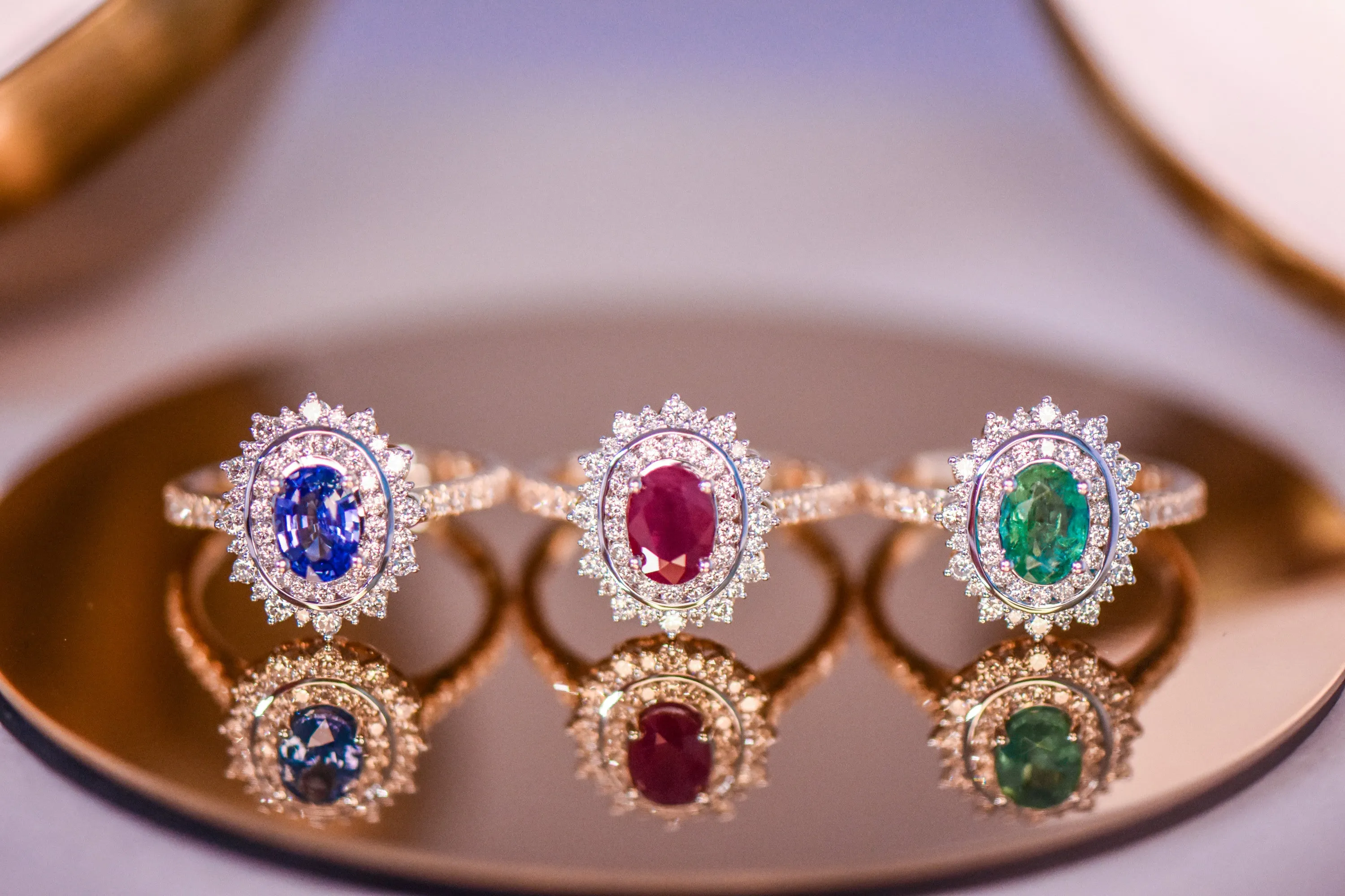 Gemstone Centre and Double Diamond Halo Ring with Shoulder Stones