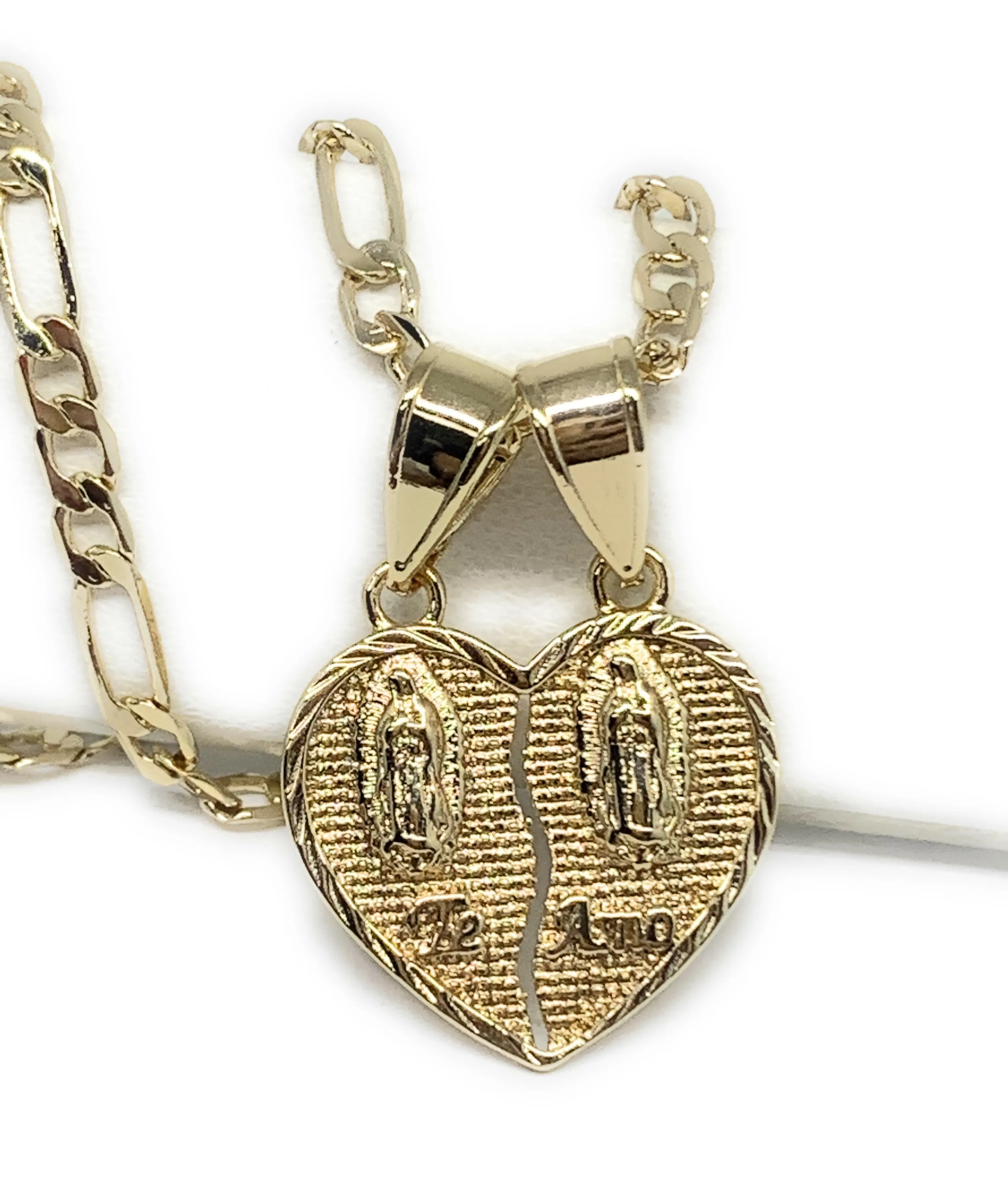 Gold Plated Yellow Double Virgin Mary Te Amo Heart Split Pendant Necklace 24 Virgen de Guadalupe