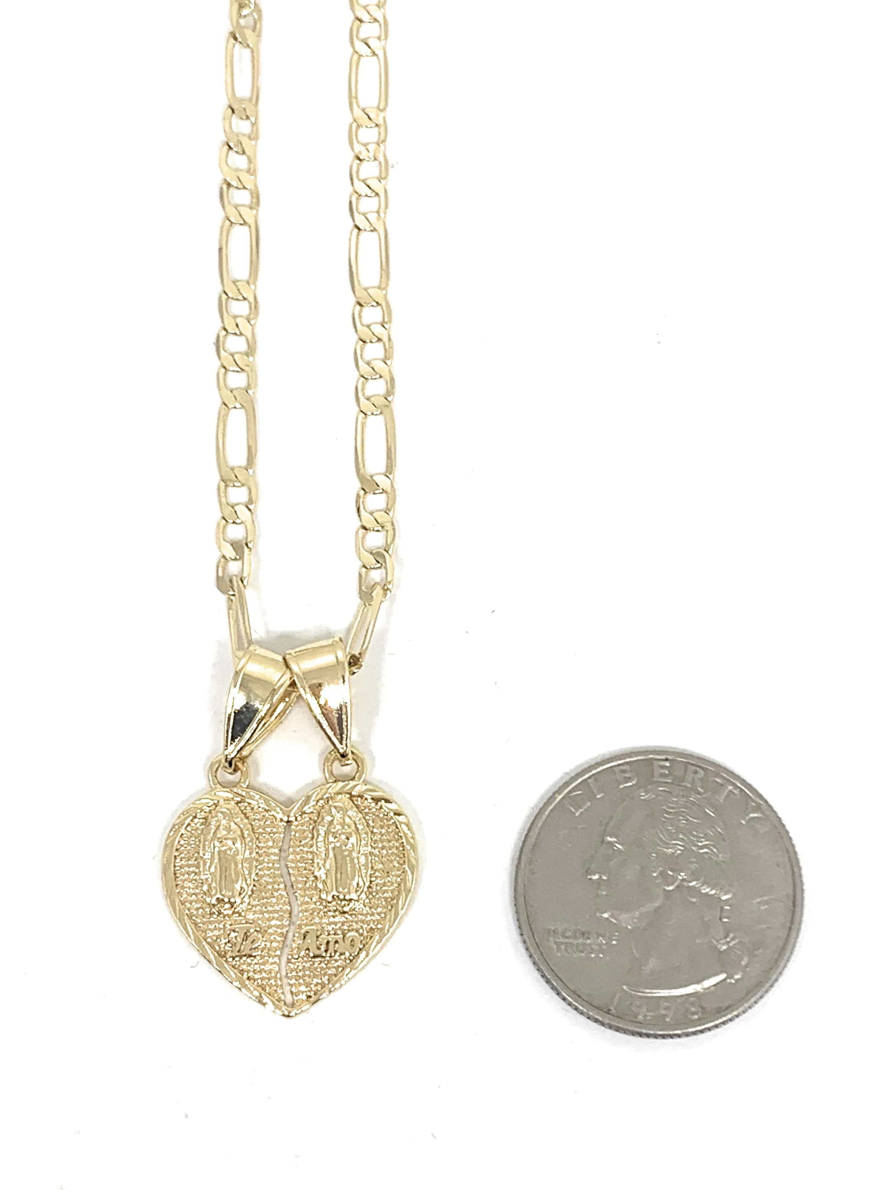 Gold Plated Yellow Double Virgin Mary Te Amo Heart Split Pendant Necklace 24 Virgen de Guadalupe