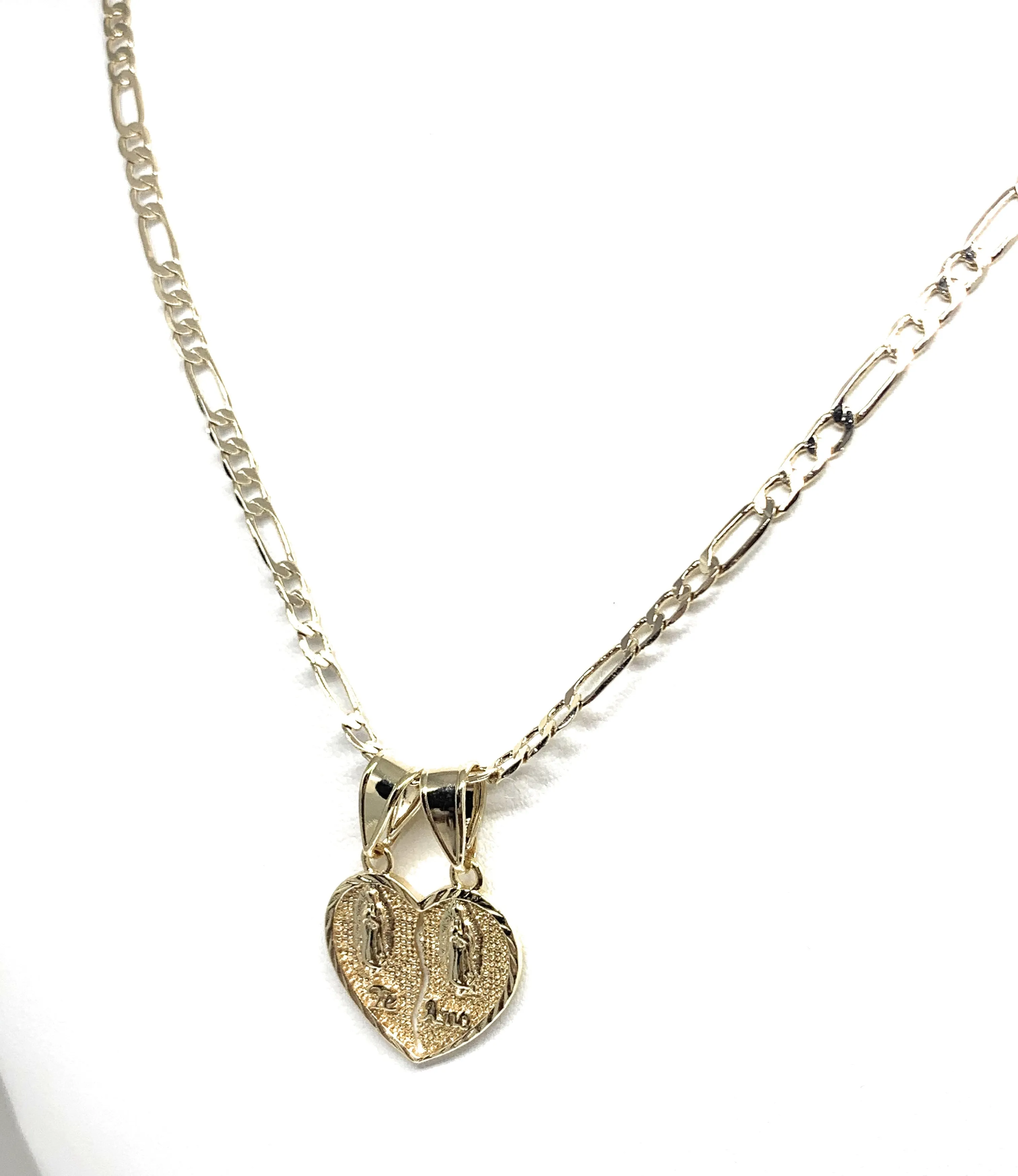 Gold Plated Yellow Double Virgin Mary Te Amo Heart Split Pendant Necklace 24 Virgen de Guadalupe