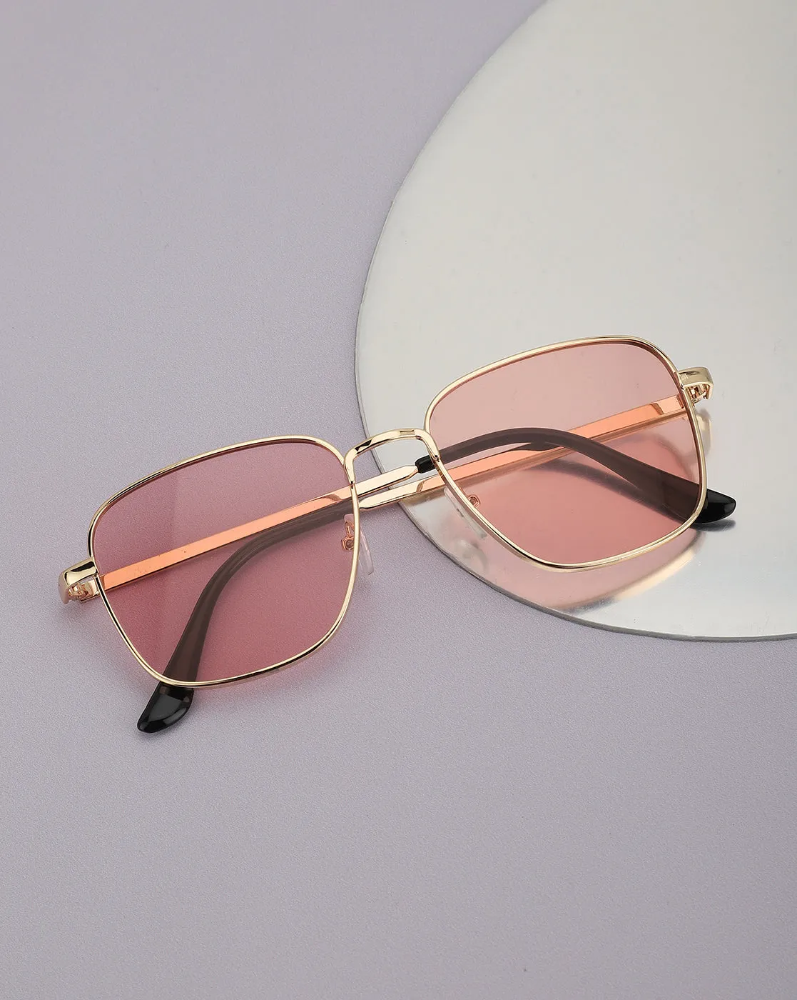 Gold With Black Toned And Pink Uv Protected Lens Square Sunglass For Women