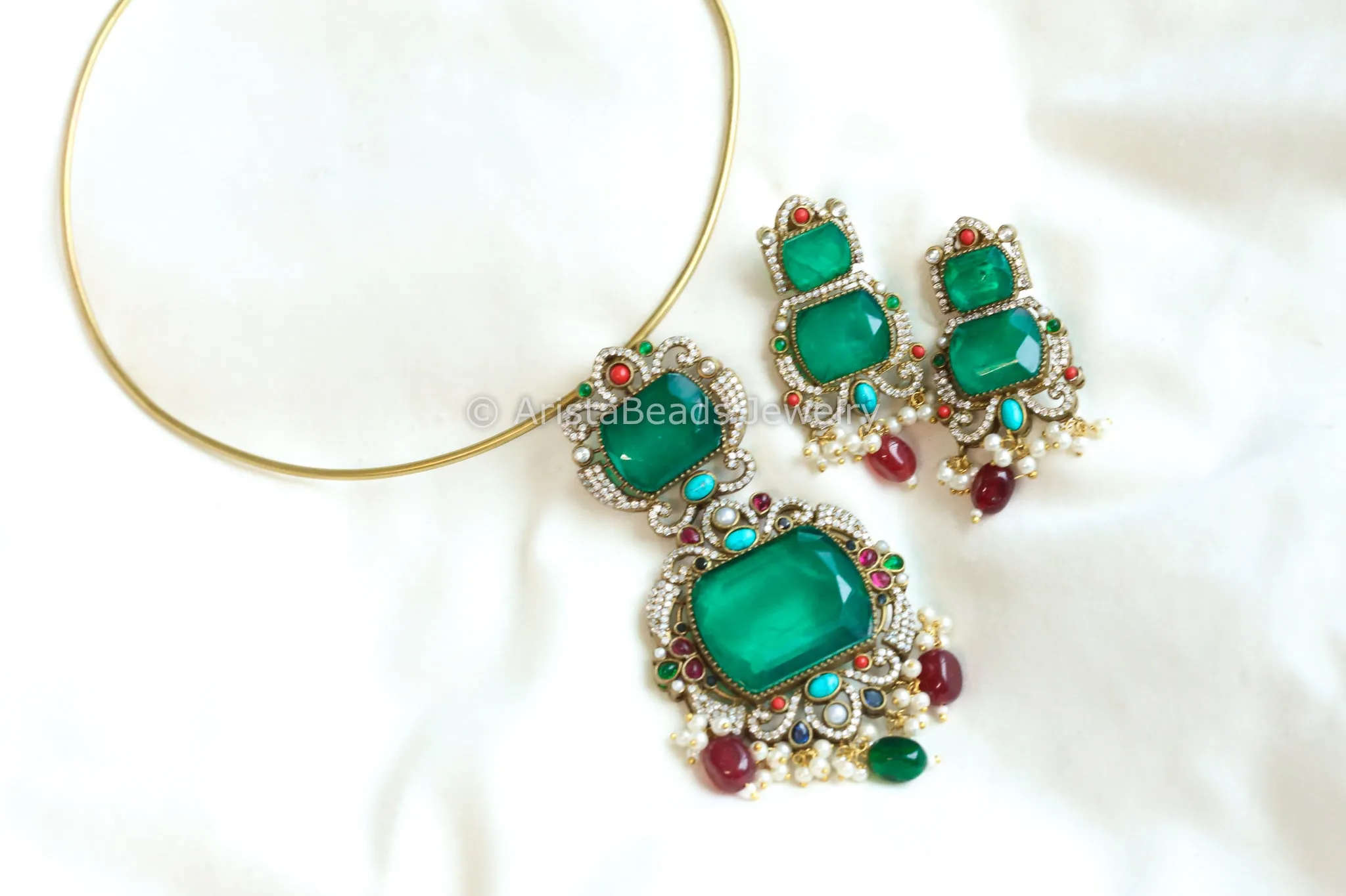 Green Doublet & MUlticolor Stone Necklace Set (ABJ-N101- 61)