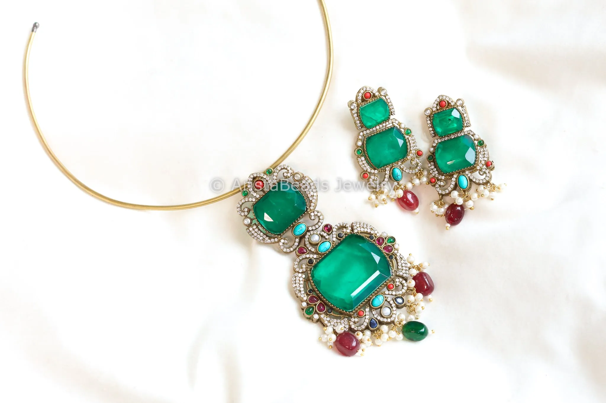 Green Doublet & MUlticolor Stone Necklace Set (ABJ-N101- 61)