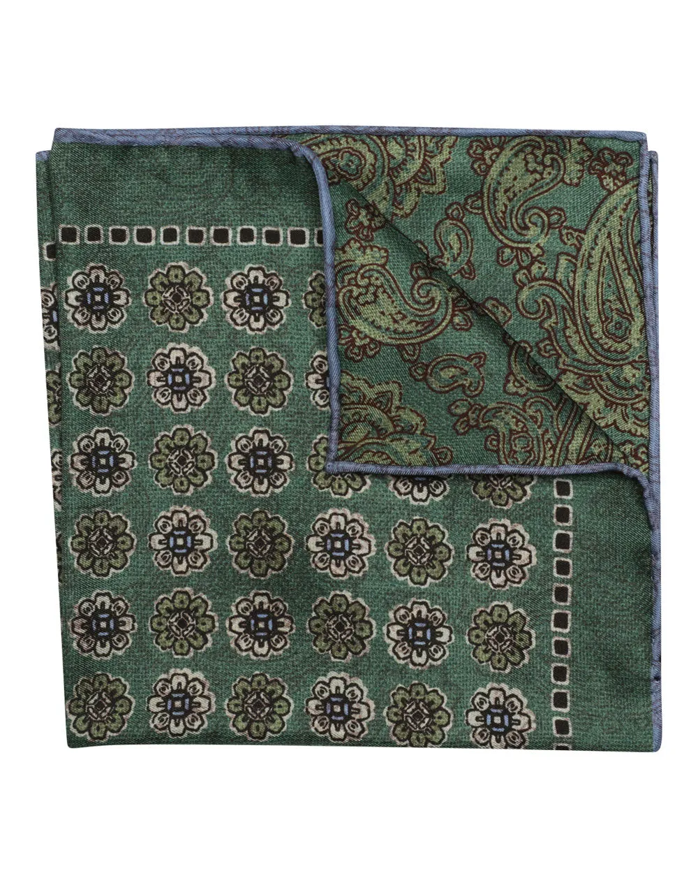 Green Grey and Blue Floral and Paisley Reversible Silk Pocket Square