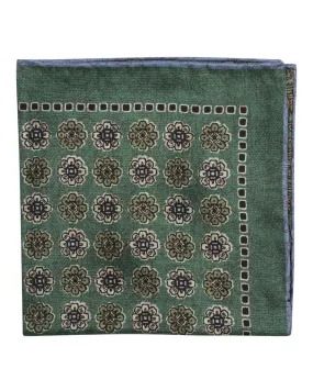 Green Grey and Blue Floral and Paisley Reversible Silk Pocket Square