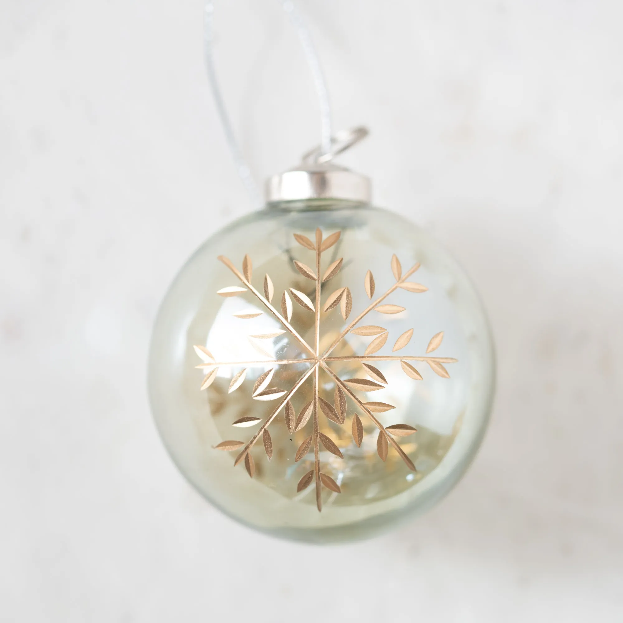 Green Lustered with Gold Snowflake Glass Ball