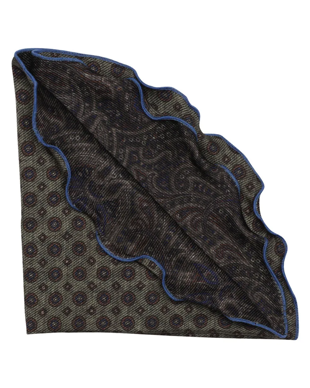 Green Navy and Brown Medallion Paisley Reversible Silk Round Pocket Square