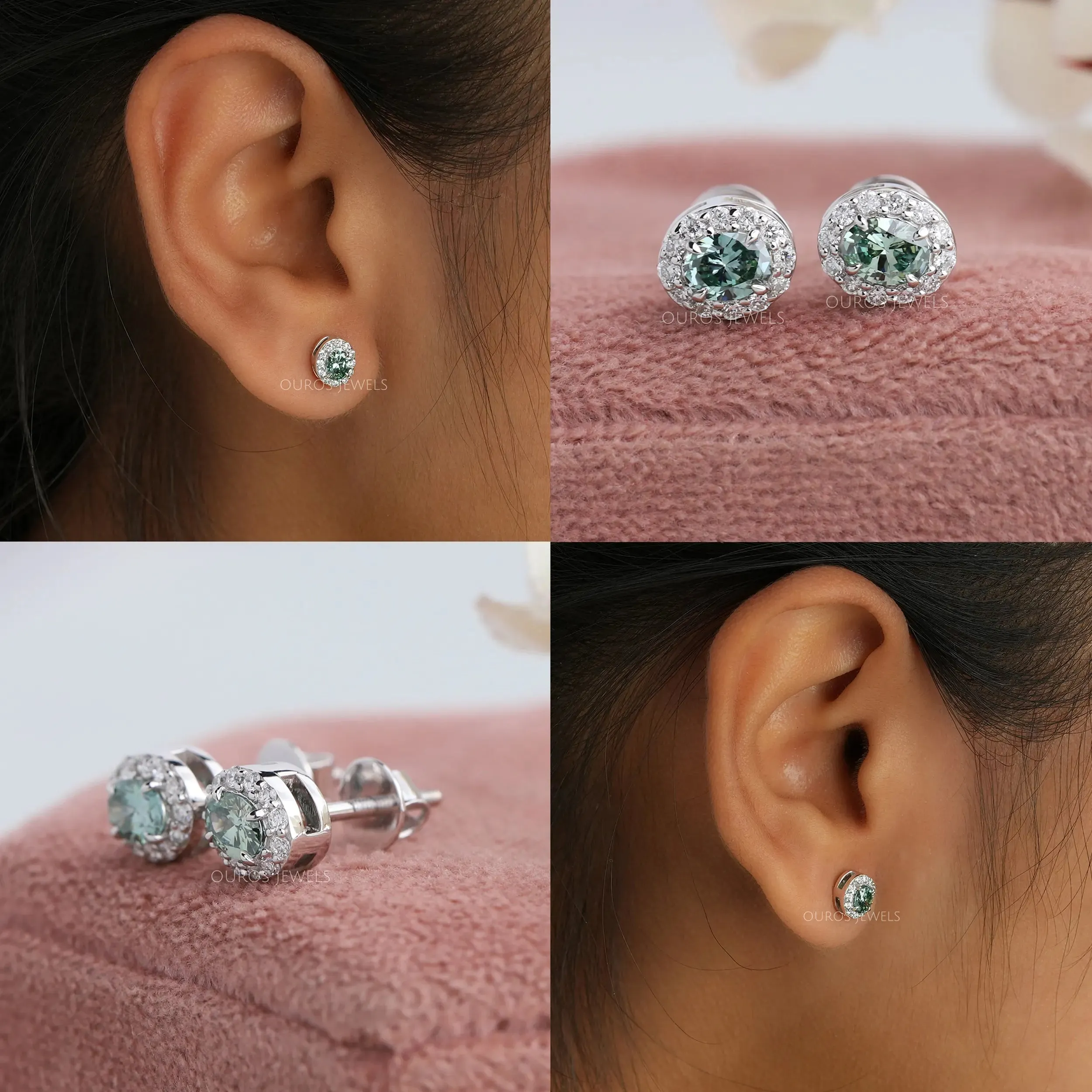 Green Oval Shaped Diamond Studs Earrings