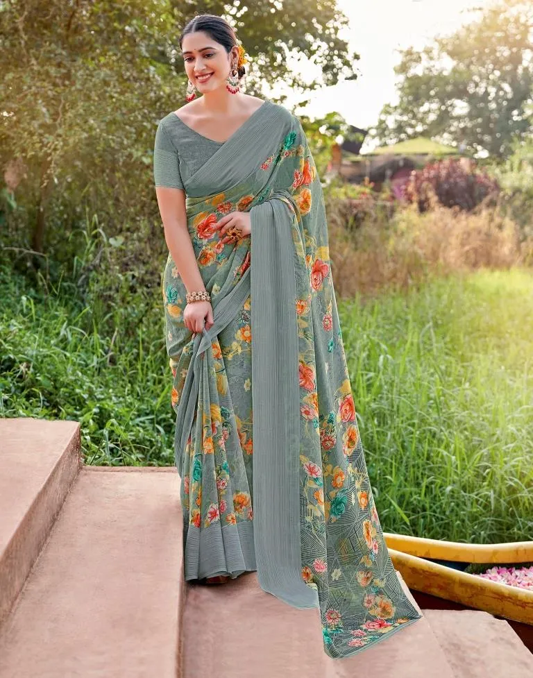 Grey Georgette Woven Saree