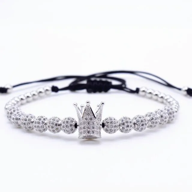 Hip Hop Men's Cubic Micro Pave Crown Charm Zircon Round Beads Braided Bracelet