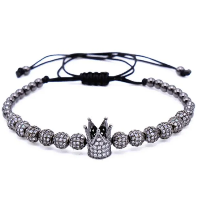 Hip Hop Men's Cubic Micro Pave Crown Charm Zircon Round Beads Braided Bracelet