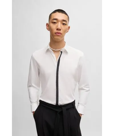 Hugo Slim-fit shirt in cotton poplin with placket trim