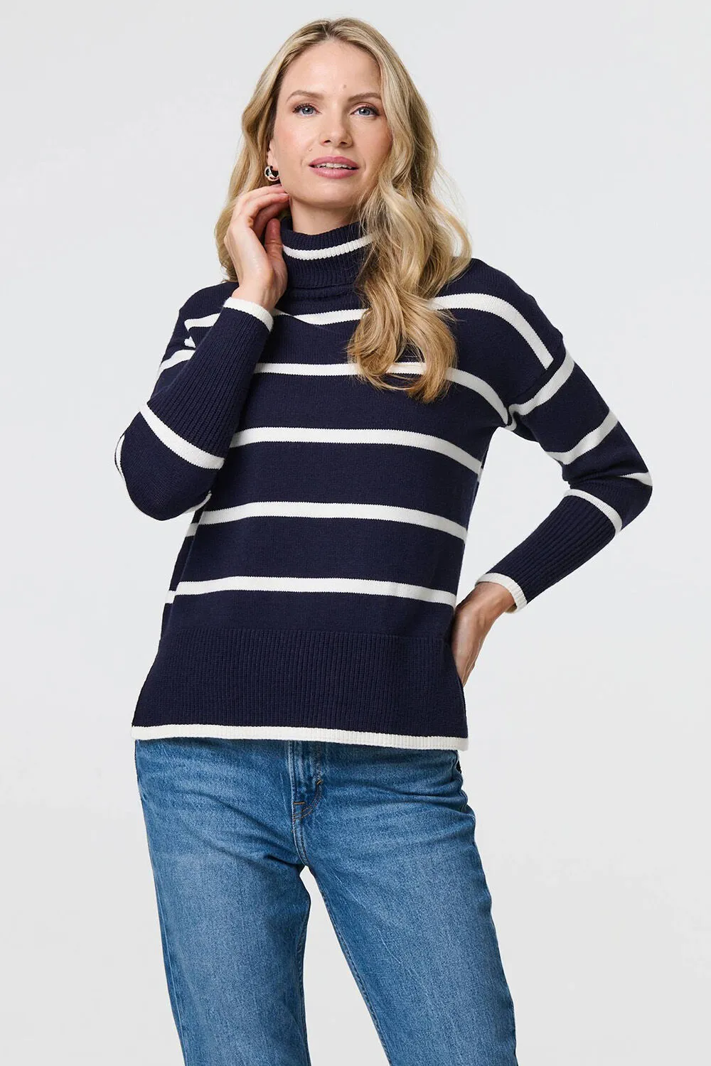 Izabel London – Striped Roll Neck Relaxed Jumper