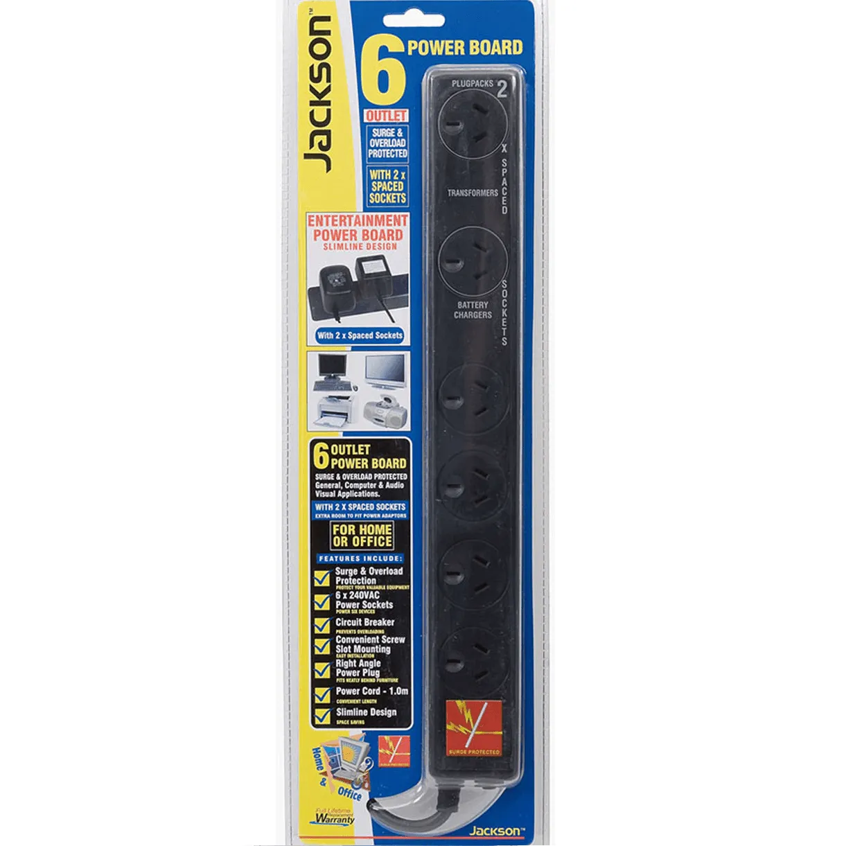 Jackson 6 Outlet Surge Protected Powerboard 2 Spaced Sockets 1M Lead Black