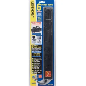 Jackson 6 Outlet Surge Protected Powerboard 2 Spaced Sockets 1M Lead Black