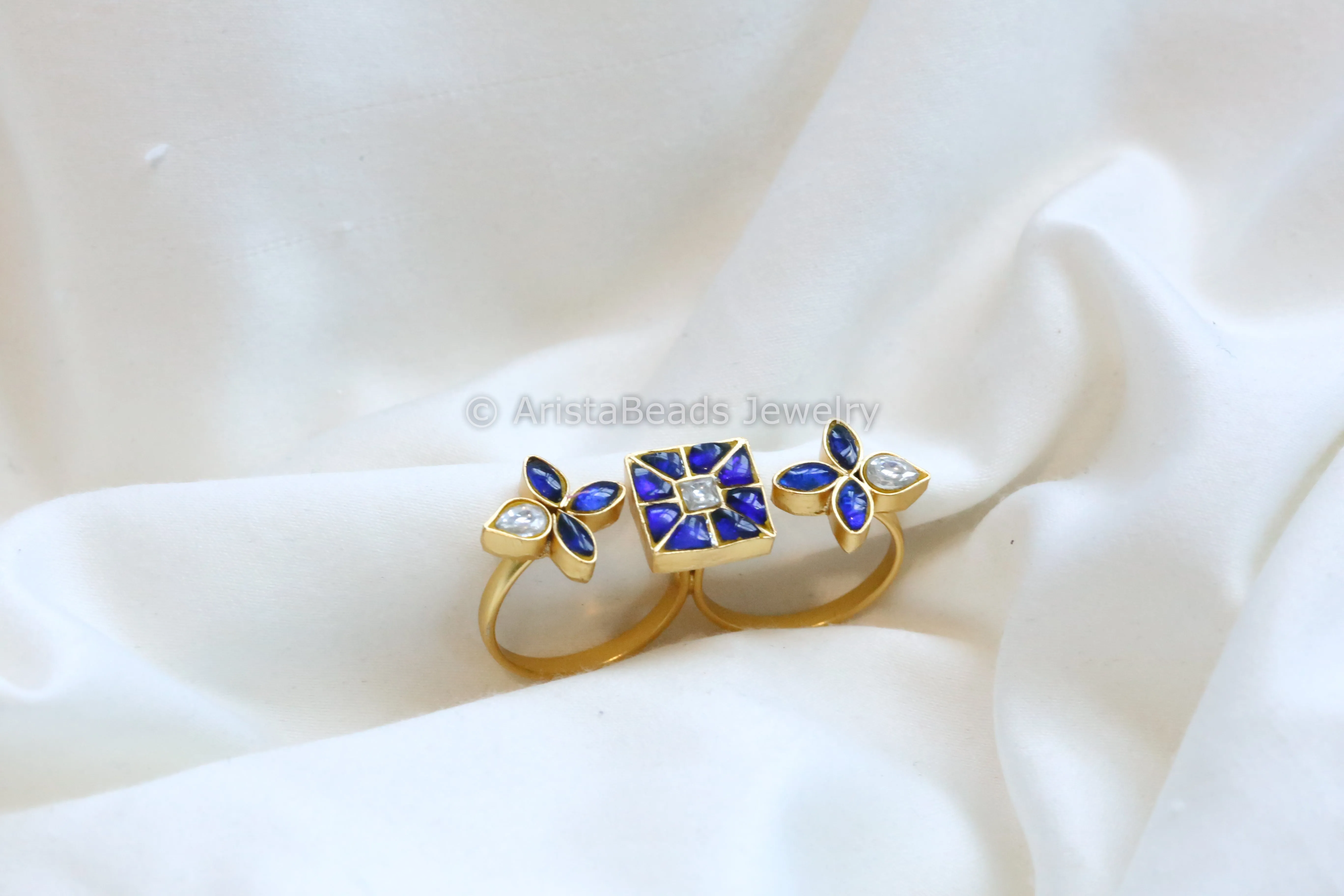 Jadau Kundan Two Finger Bar Ring (Adjustable) -Blue Clear