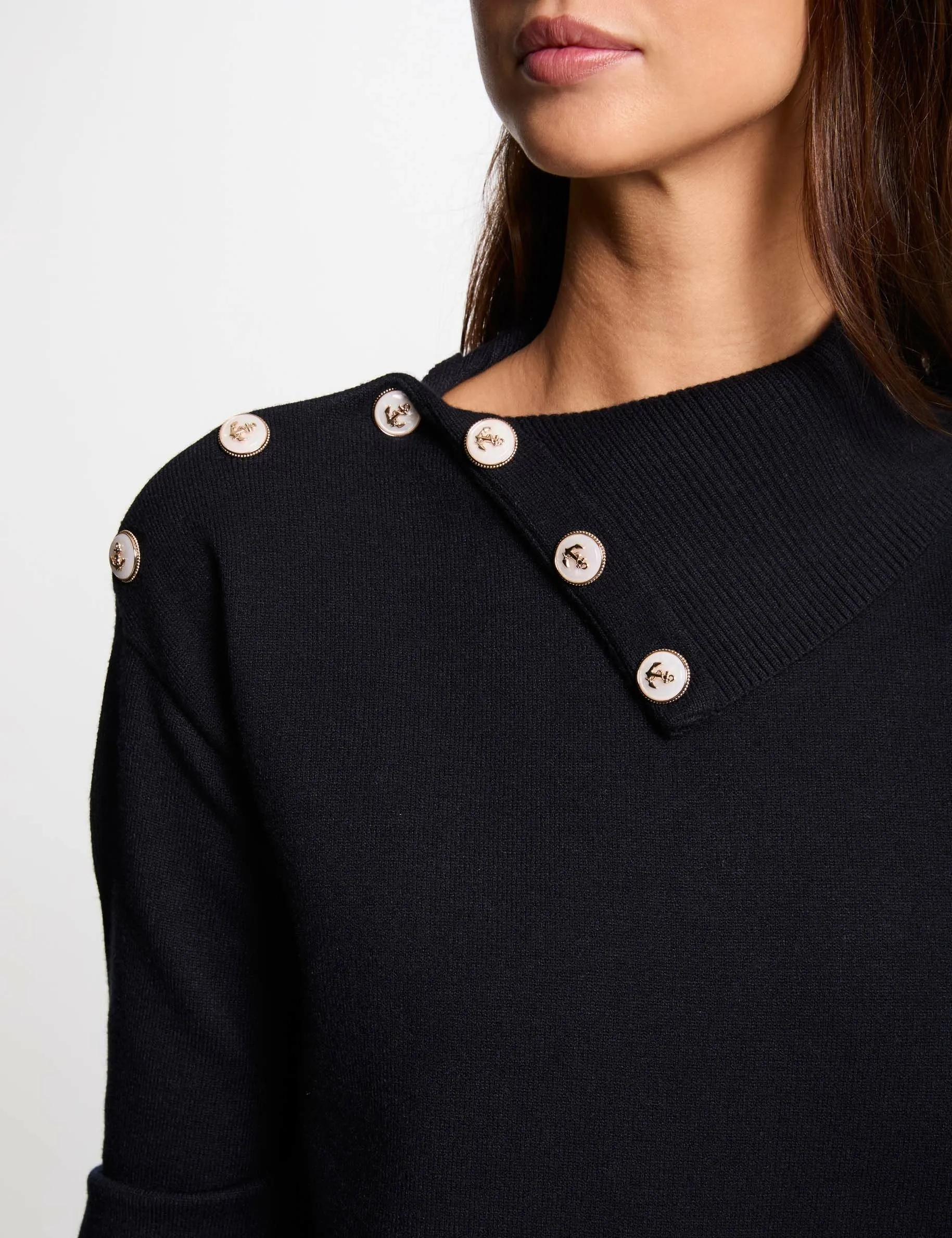 Jumper lapel collar buttons navy blue women