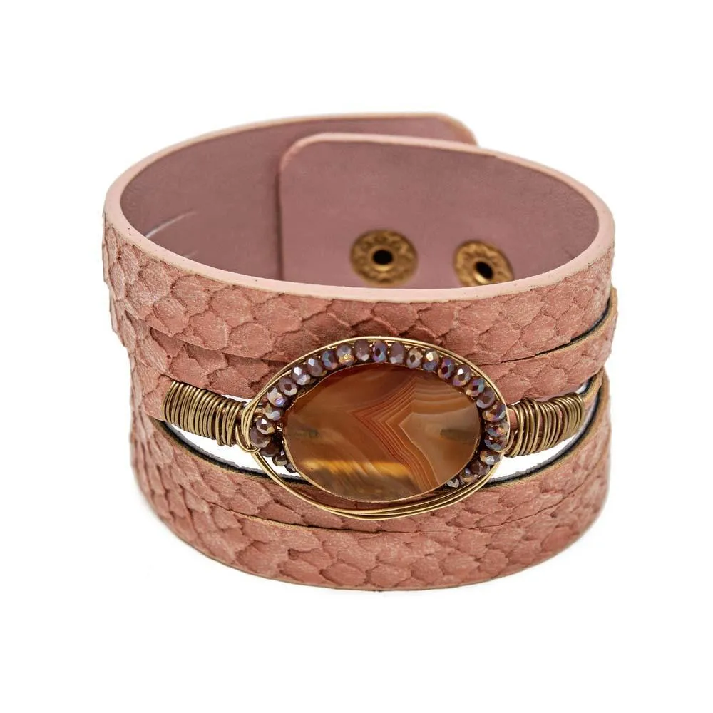 Leather Bracelet With Stone Station Pink Powder