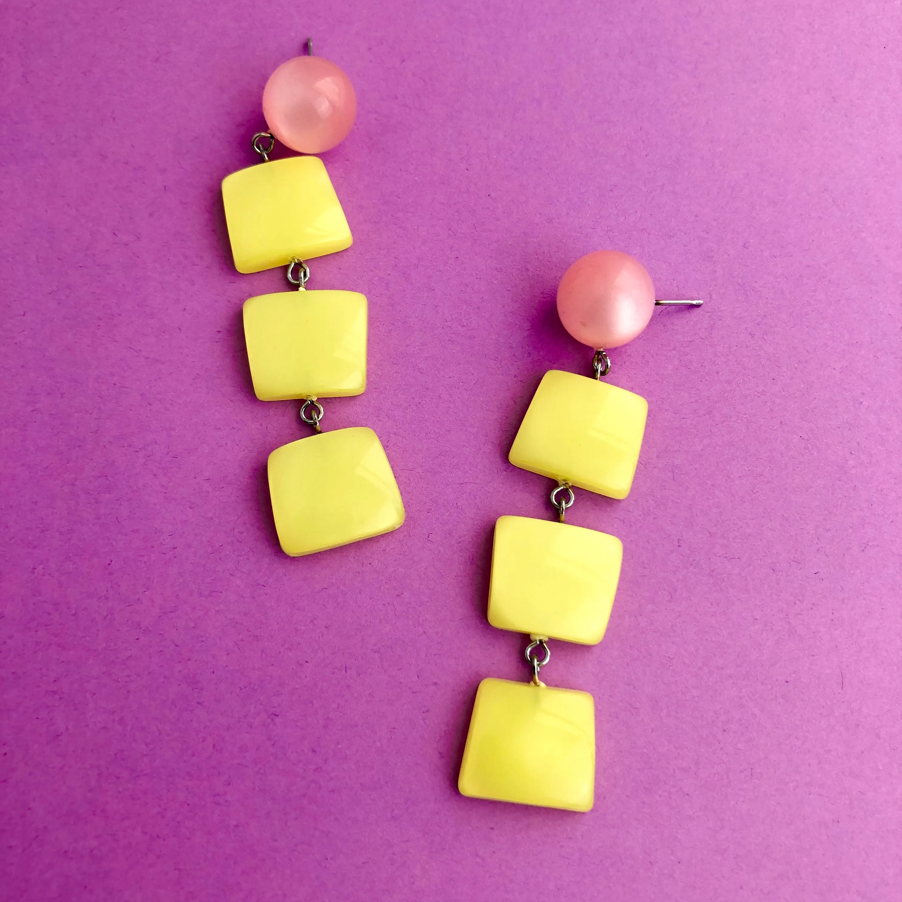 Light Pink & Yellow Geometric Stack Moonglow Statement Earrings