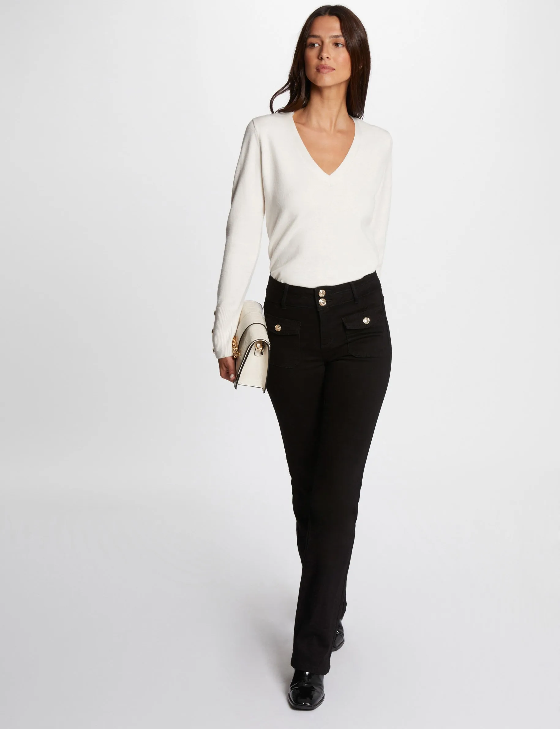 Long-sleeved jumper V-neck ivory women