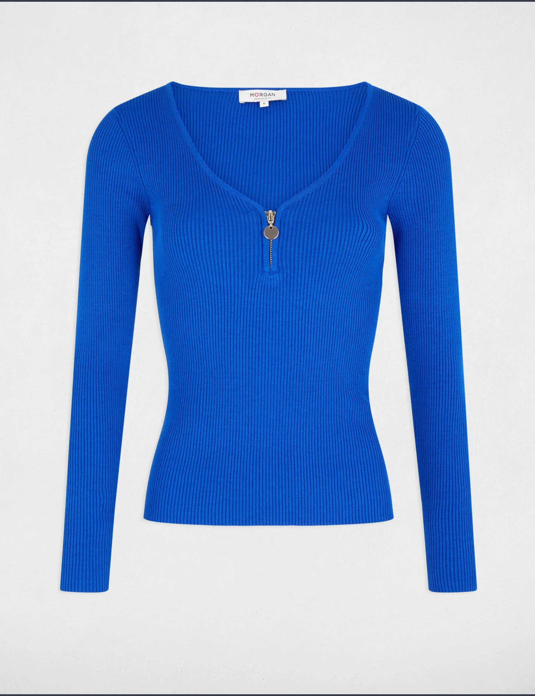 Long-sleeved ribbed jumper zipped detail blue women