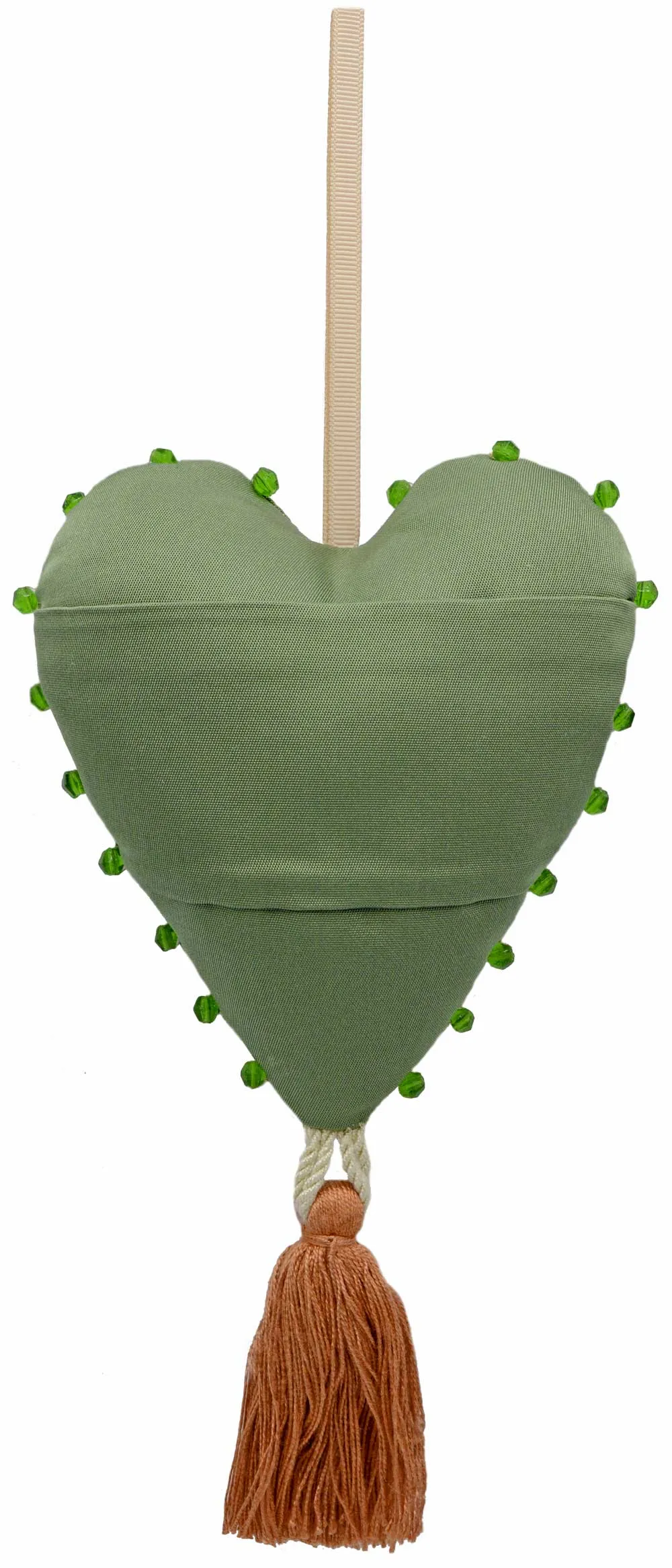 Love Heart Charm in vintage & antique silks - green glass beads