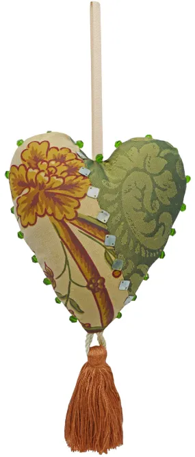 Love Heart Charm in vintage & antique silks - green glass beads