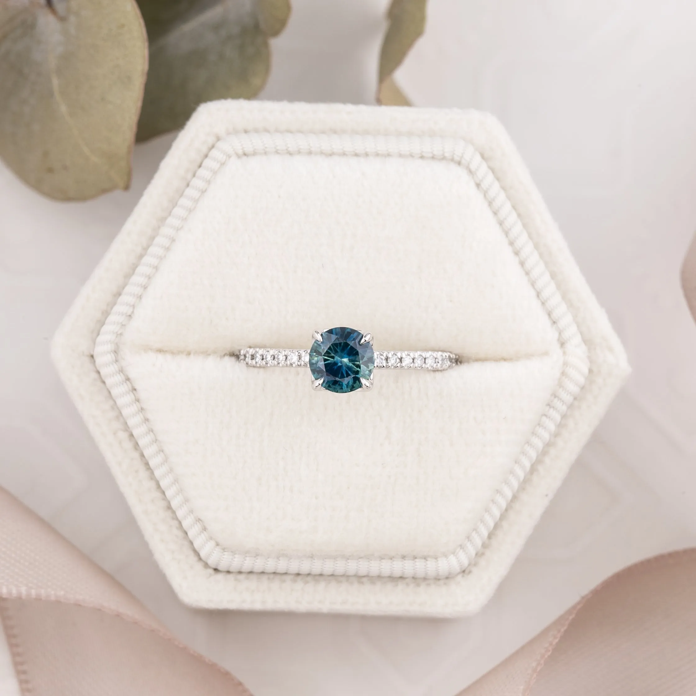 Maria Ring 0.75ct Blue Green Montana Sapphire, 14k White Gold (One of a kind)