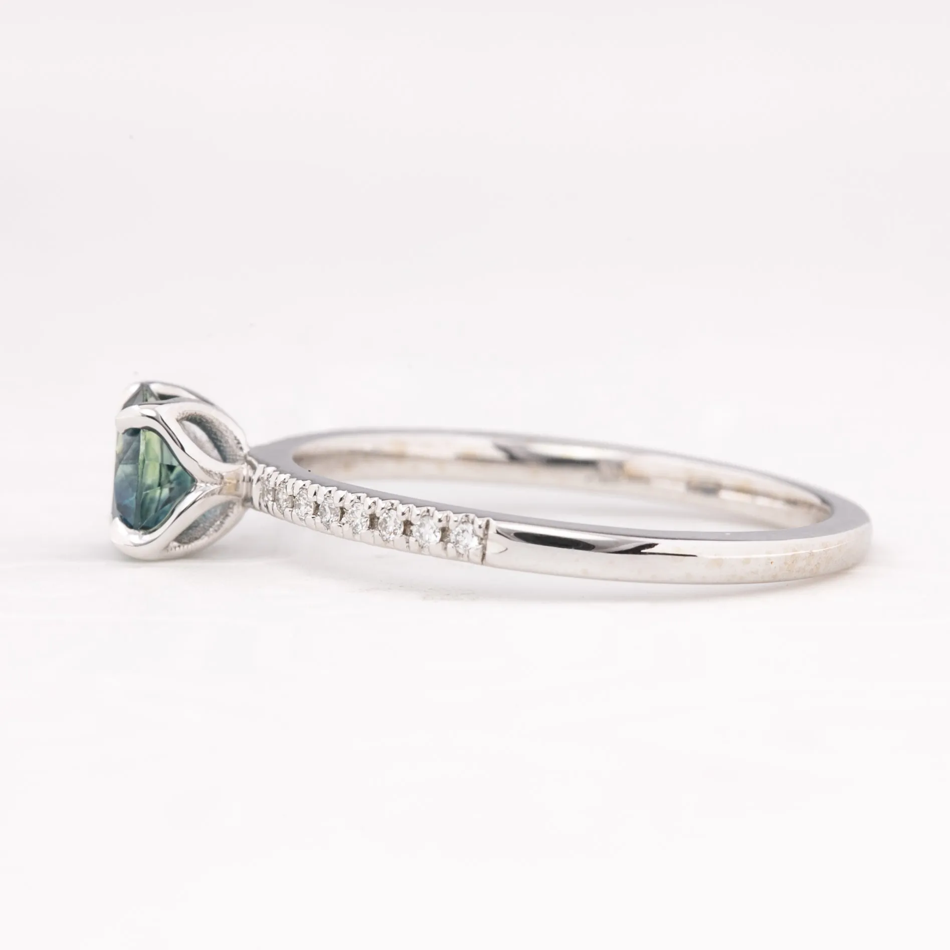 Maria Ring 0.75ct Blue Green Montana Sapphire, 14k White Gold (One of a kind)