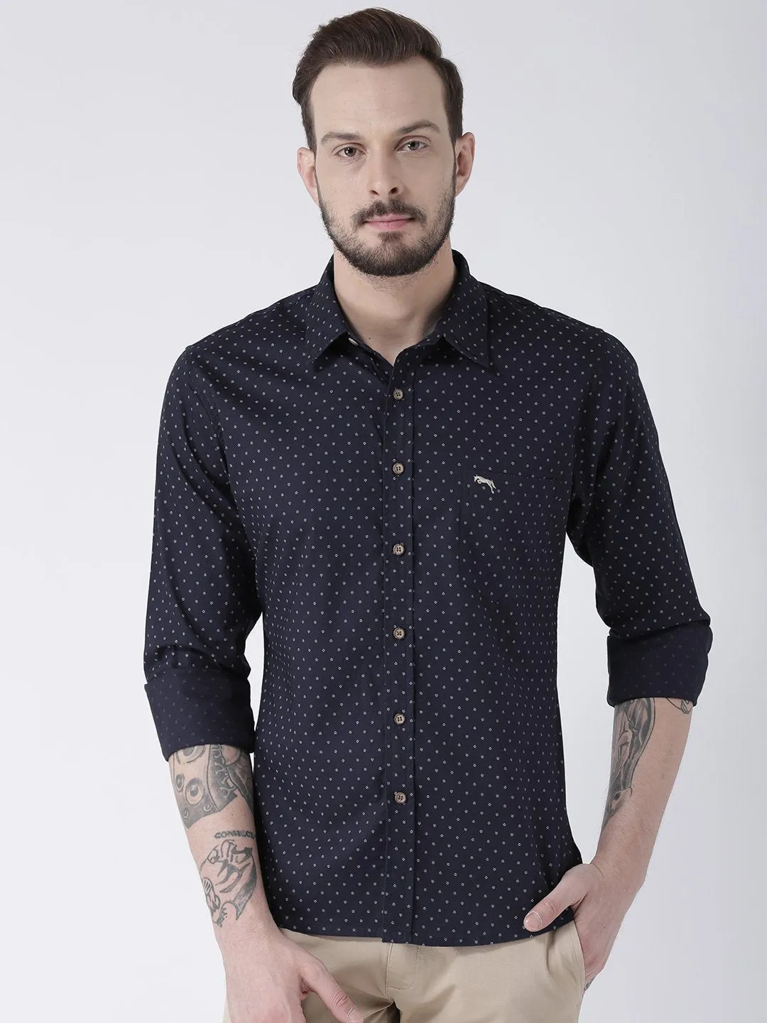 Men Navy Blue Printed Cotton Slim Fit Shirt