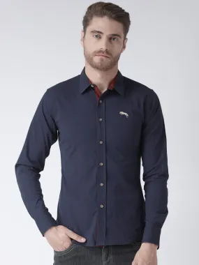 Men Navy Blue Slim Fit Solid Casual Shirt