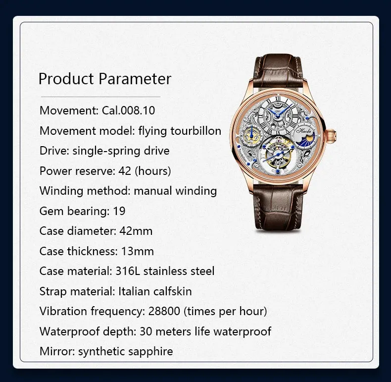 Men's Flying Tourbillon Manual Mechanical Movement Business Wristwatch