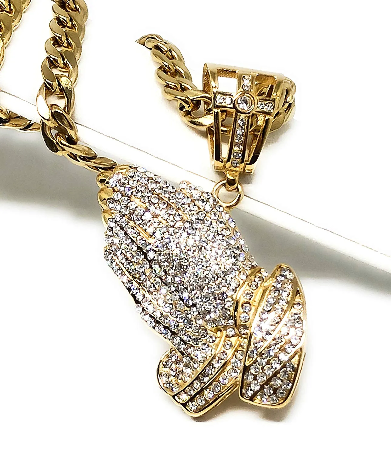 Men's Gold Plated Iced Out Hip Hop Big Prayer Hand CZ Pendant 30 Cuban Link Chain 7mm