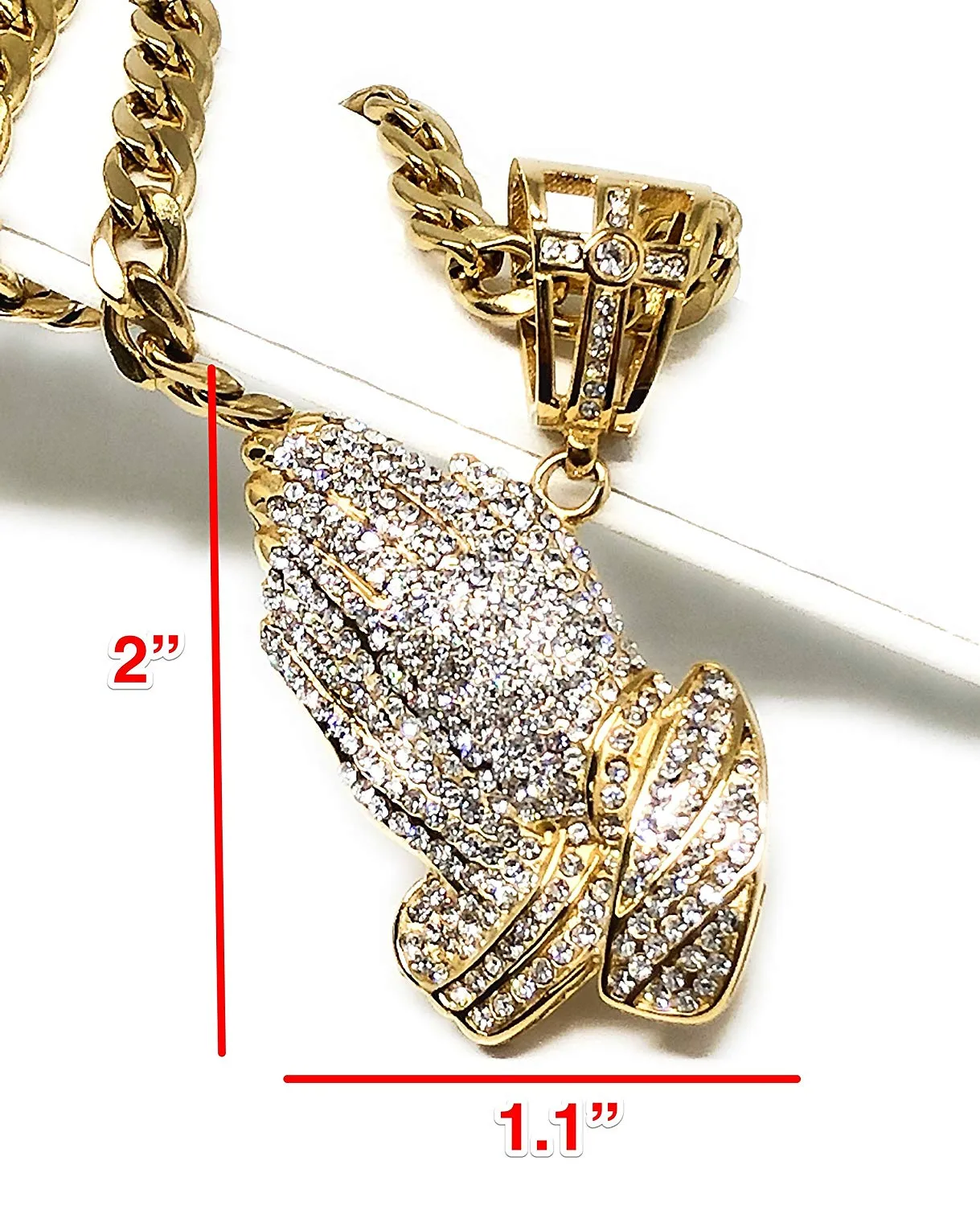 Men's Gold Plated Iced Out Hip Hop Big Prayer Hand CZ Pendant 30 Cuban Link Chain 7mm