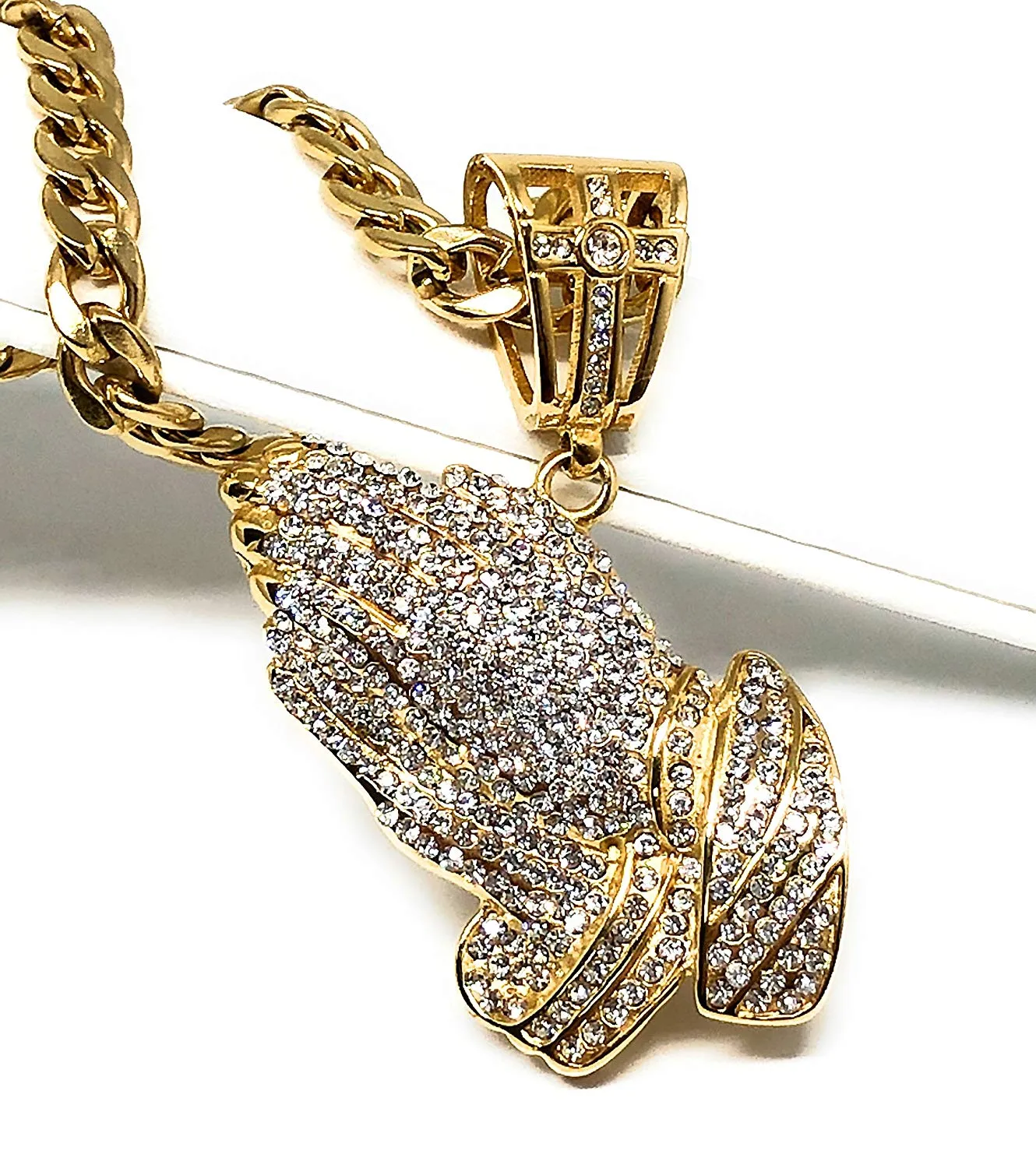 Men's Gold Plated Iced Out Hip Hop Big Prayer Hand CZ Pendant 30 Cuban Link Chain 7mm