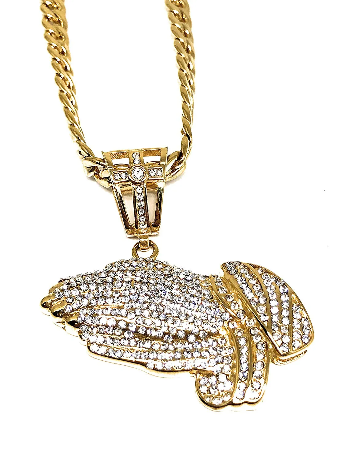 Men's Gold Plated Iced Out Hip Hop Big Prayer Hand CZ Pendant 30 Cuban Link Chain 7mm