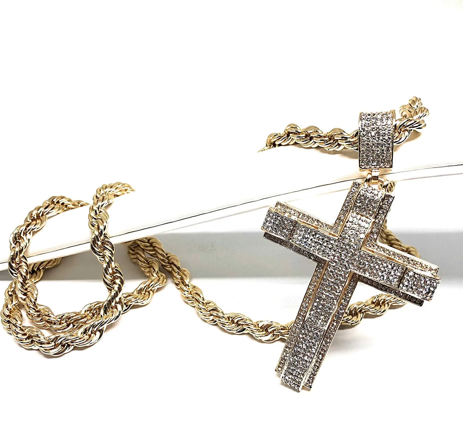 Men's Hip Hop Gold Plated Iced Out Cross CZ Pendant Necklace 30 Rope Chain 3.5mm