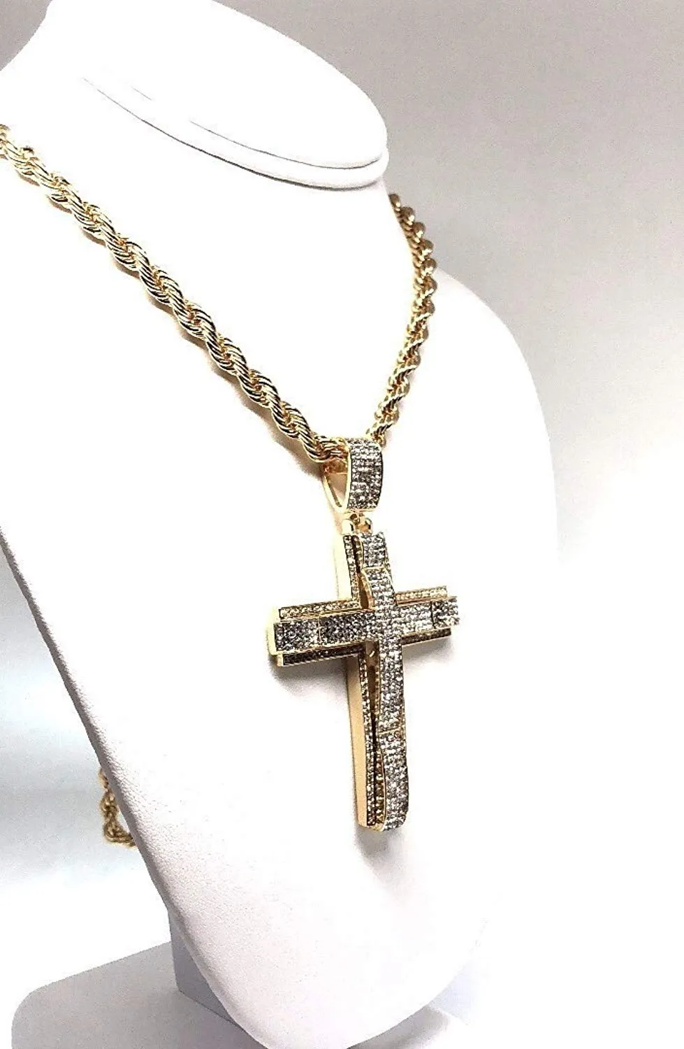 Men's Hip Hop Gold Plated Iced Out Cross CZ Pendant Necklace 30 Rope Chain 3.5mm