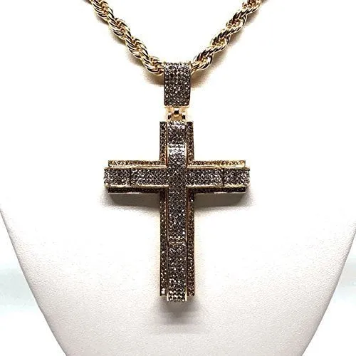 Men's Hip Hop Gold Plated Iced Out Cross CZ Pendant Necklace 30 Rope Chain 3.5mm